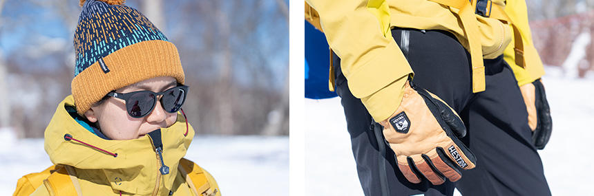 左：忘れがちなサングラスは、雪目対策の重要なアイテム。右：グローブも必須。寒いときはアンダーグローブの上から重ねてはめて