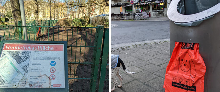 左：リードなしに犬を遊ばせることができる、いわゆるドッグランの1つ。こちらは、公園の一角にフェンスで囲っています。この日、遊んでいる犬はいませんでした。　右：街に置かれているゴミ箱の一部にエチケット袋が備わっています。