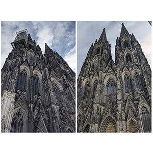 写真左は2021年4月撮影。左側の尖塔に足場がかかっています。今年3月に撮影した尖塔（写真右）には足場がありません。