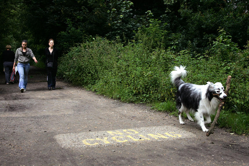 ロンドン郊外で、「NO CYCLING」の表示がある遊歩道をノーリードで歩く犬と飼い主。自転車が来ない安心感が犬と人の表情から感じられた