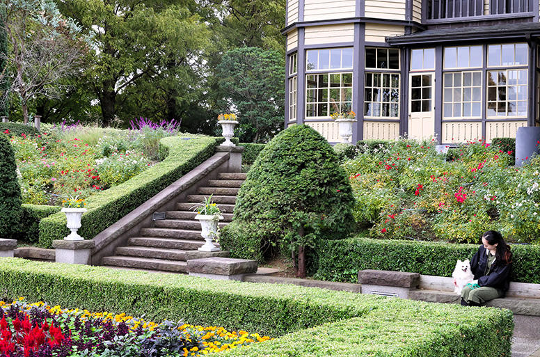 国の重要文化財である「外交官の家」を背に、入場無料の山手イタリア山庭園でくつろぐMiingさんとレオくん