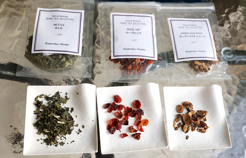 左から、ネトル、ローズヒップ、ダンディライオン