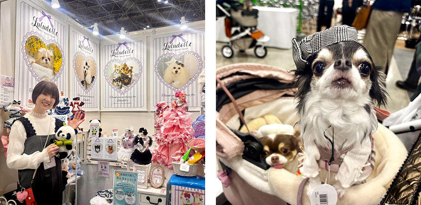 ペットグッズハンドメイド講師の國岡ちとせさん。ご自身がデザインしたウェアやアイテムが並ぶchikata・Luludoll c の出展ブースにて