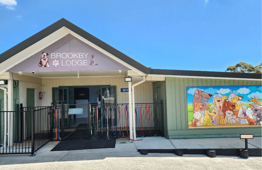 Brookby Lodgeのエントランス。柵にデイケア滞在中の犬のリードがかかっています