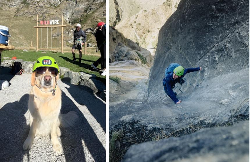 写真左：ヘルメットとサングラスを着用してキメ顔のブラディ／写真右：滝クライミングツアーの様子