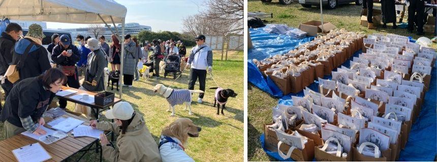 写真左：一人一人きちんと受付／写真右：ズラリと並ぶ参加者特典