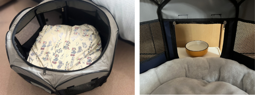 ベッドがジャストサイズ！ 素材が柔らかくクッション性もあるので、倒れても安心です。／立ち上がって水を飲めるようになってからは、一箇所だけ開けて給水スポットに。